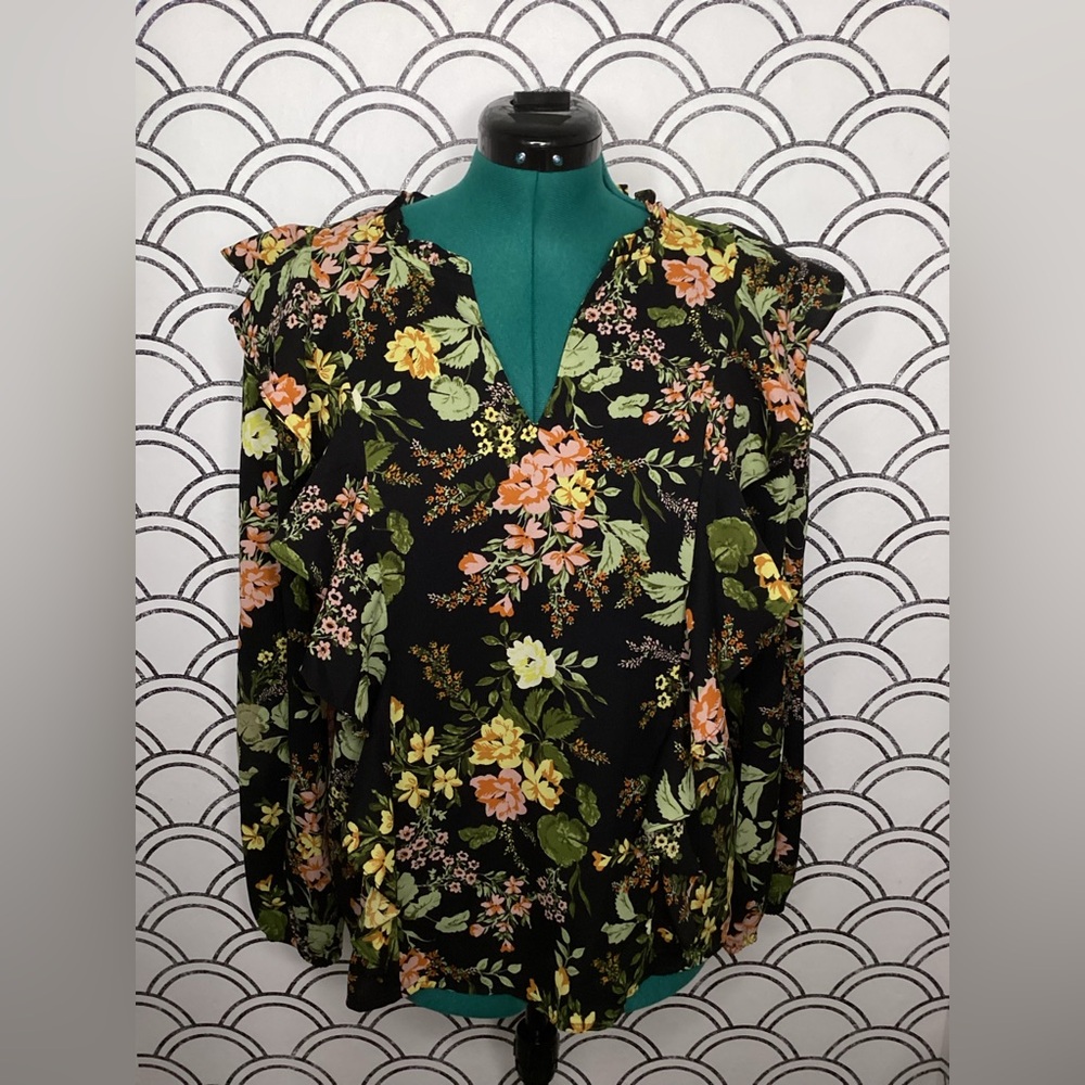 Sugarlips Black & Green Floral Ruffled V‑Neck Blouse – Size L